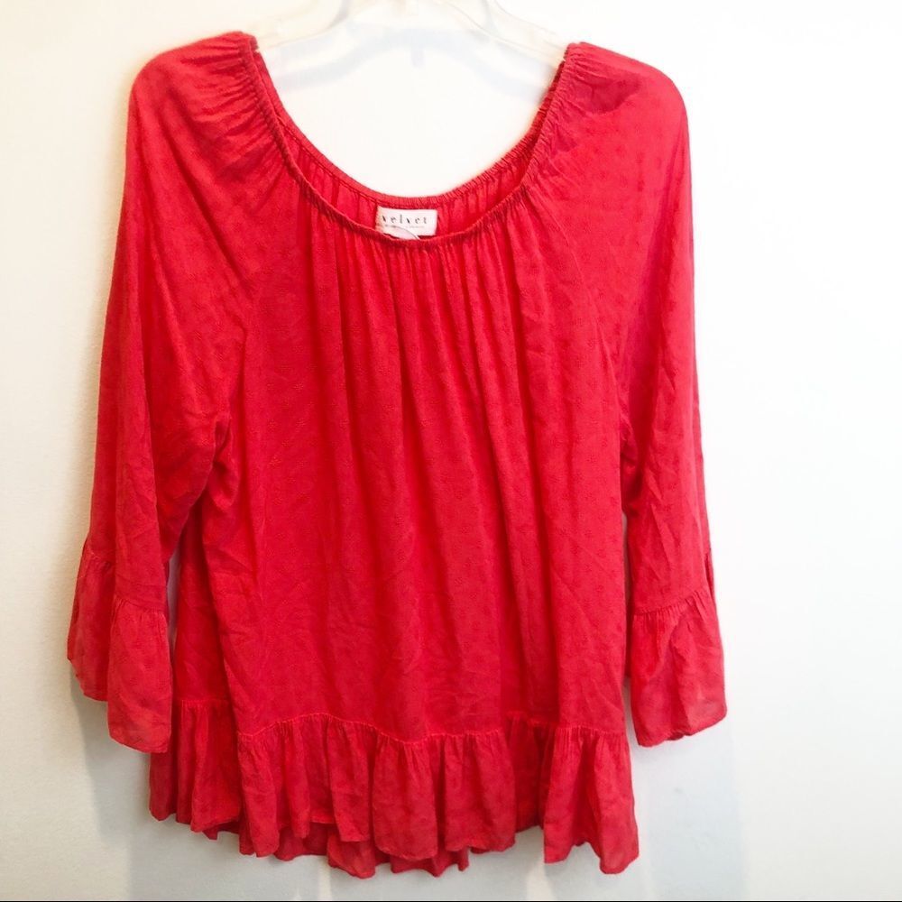 Anthropologie Velvet by Graham and Spencer Red Ruffle Hem Top size Medium